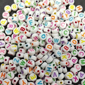 Alphabet Beads: White Round with multi colour ABC - 20 gms