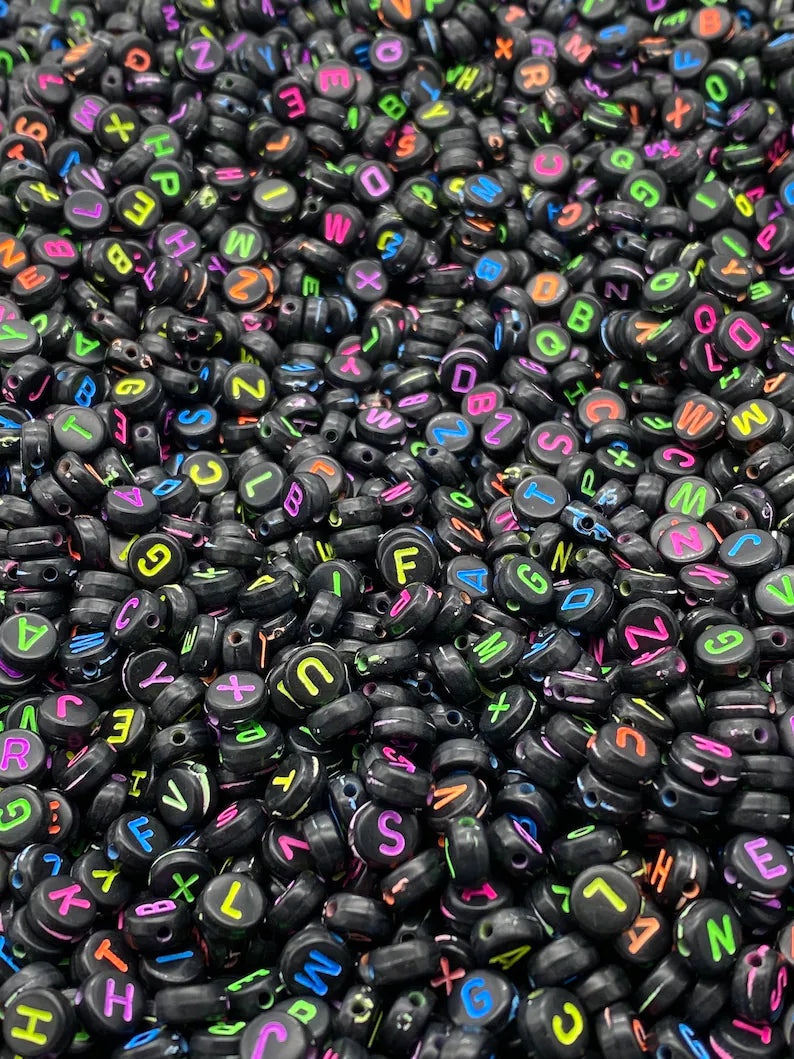 Alphabet Beads: black and multicolour Round - 20 gms