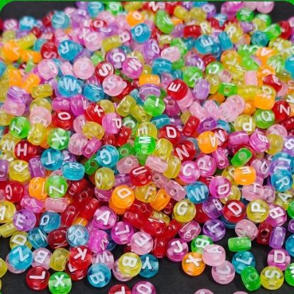 Picture of Alphabet Beads: Transparent Multi colour Round - 20 gms