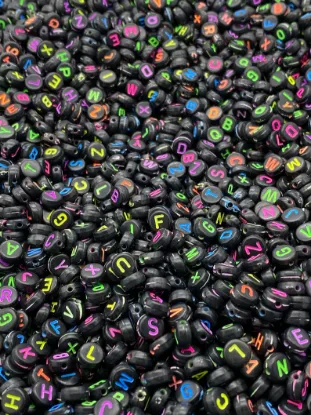 Picture of Alphabet Beads: black and multicolour Round - 20 gms