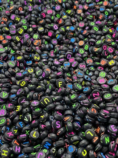 Picture of Alphabet Beads: black and multicolour Round - 20 gms